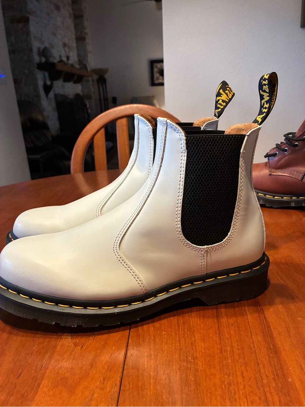 DR Marten Air Wair Leather Chelsea Boots in White with Black Elastic Panels